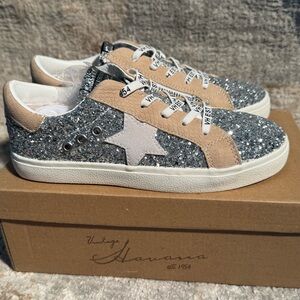Vintage Havana Silver Glitter and Tan Sneakers Kids 5.5